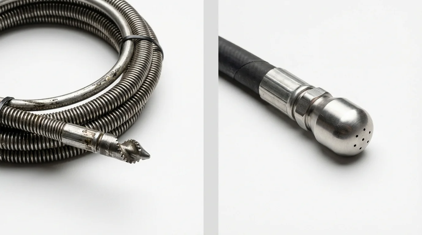 Drain snake cable and hydro jetting nozzle used for drain cleaning in Newport, NH