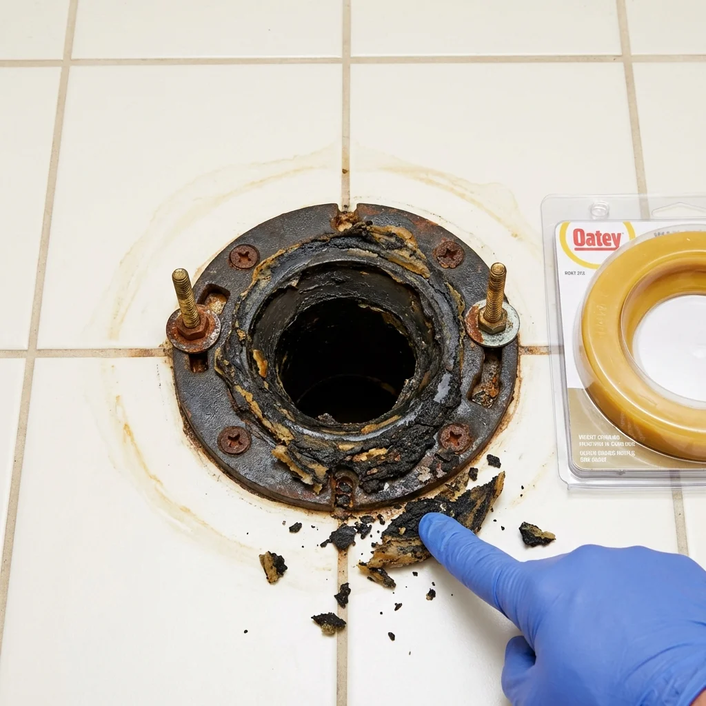 Failed wax ring showing water seepage at the base of a toilet in a Newport, NH home