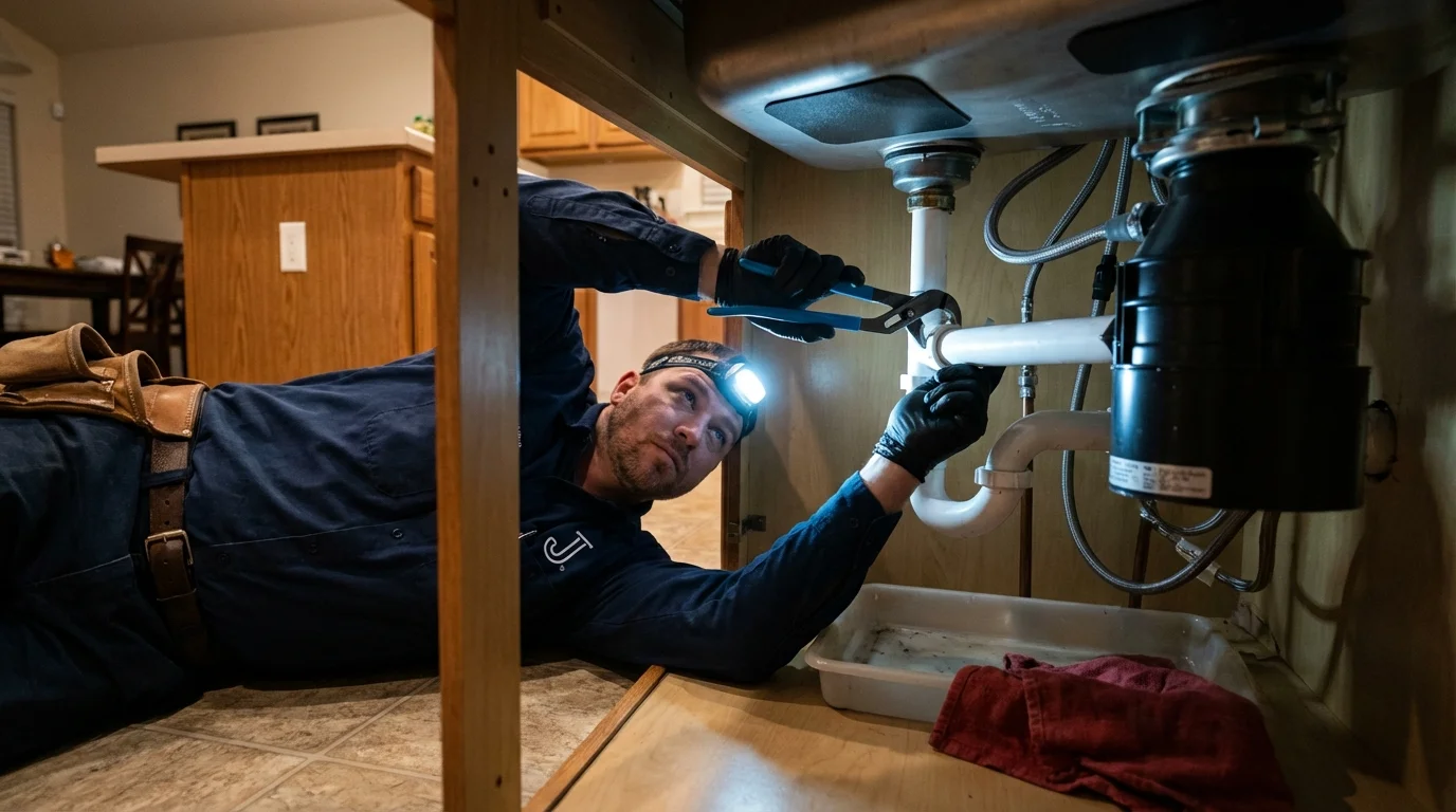 P-trap and supply line connections under a kitchen sink showing a common leak point in Newport, NH